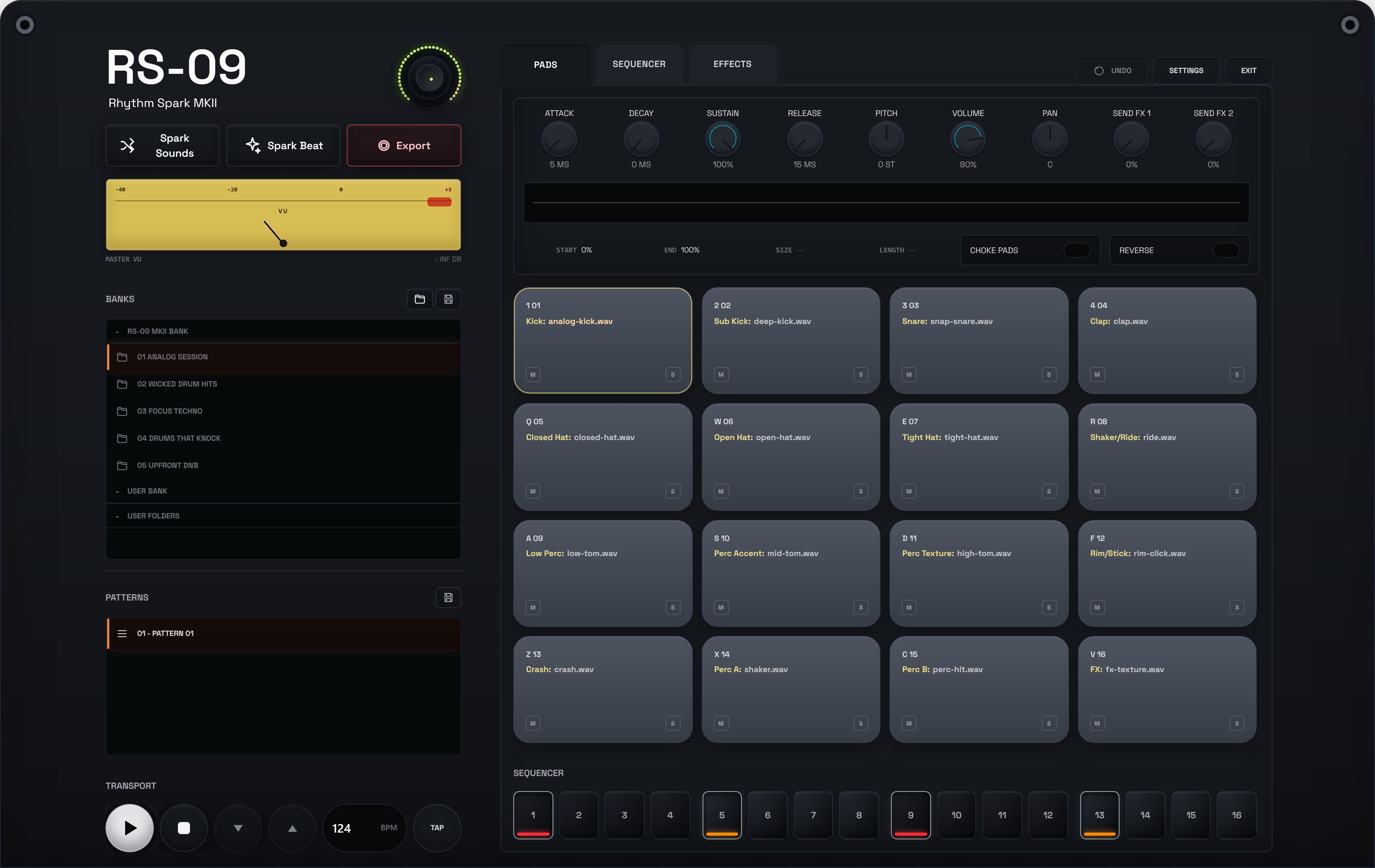RS-09 MKII Rhythm Spark workspace with pads, sample bank, and sequencer